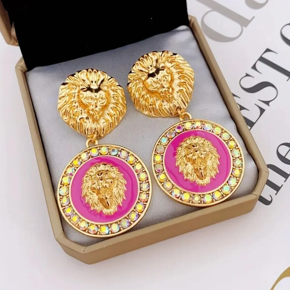 4FJ: Vintage Style Pink & Golden Lion Head Drop Dangle Zinc Alloy Earrings, NIP - Picture 4 of 6